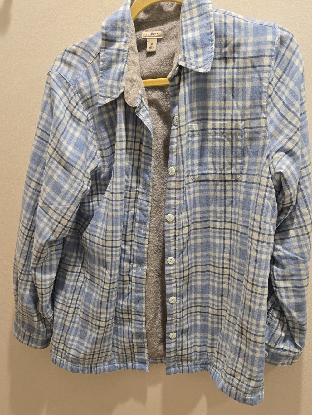 L.L. Bean Light Blue and White Plaid Fleece-lined Button-Up Shirt